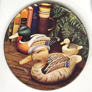 Vintage 1983 Mallard Duck Coaster Set with Tin 5pc Cork Backed Hong Kong Rustic